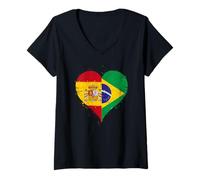 Femme Brésil Espagne Drapeau pour Fiers Fans Brésiliens Espagnols T-Shirt avec Col en V