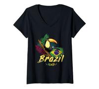 Femme Brésil Toucan vintage avec drapeau et masque Samba T-Shirt avec Col en V