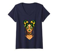 Femme Brésilien Afro Noir Femme Drapeau Brésil Fille Chignon Désorbant Latina T-Shirt avec Col en V