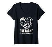 Femme Bretagne dans Le Cœur Triskell Phare Breton Mer Océan T-Shirt avec Col en V