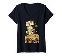 Femme Bretagne Hermine Astronaute sur la Lune et Drapeau Breton T-Shirt avec Col en V