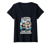 Femme Bretagne Homme Couple Breton - Bretonne Têtue Humour T-Shirt avec Col en V