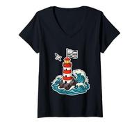 Femme Bretagne Phare Breton Kawaii - Vagues et Gwenn ha Du Côtier T-Shirt avec Col en V