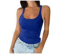 Femme Bretelles spaghetti Col U Débardeur côtelé Coupe étroite Coton Camisole Basique Sans Manches Lagenshirt Robes à carreaux, bleu, XS