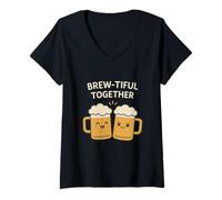 Femme Brew-Tiful Together Beer Mugs - Craft Beer Drinking Pun T-Shirt avec Col en V