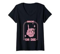 Femme Bride Or Die Halloween Squelette Main Fleur T-Shirt avec Col en V