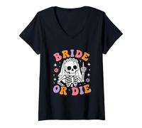Femme Bride Or Die Retro Halloween Bachelorette Assorti Hen Do T-Shirt avec Col en V