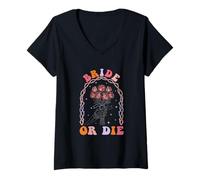 Femme Bride Or Die Retro Halloween Bachelorette Assorti Hen Do T-Shirt avec Col en V