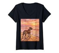 Femme Brindle Pit Bull Sunset Beach Dog Illustration T-Shirt avec Col en V