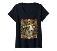 Femme Bringé et Blanc Anglais Bull Terrier Botanique T-Shirt avec Col en V