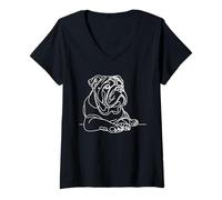 Femme British Bulldog Line Art - Minimaliste Bulldog Amoureux des chiens T-Shirt avec Col en V