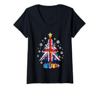 Femme British England Flag Christmas Tree Lights Xmas Cute Costume T-Shirt avec Col en V