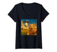 Femme British Shorthair Cat UFO Selfie Invasion de Vache Alien Art T-Shirt avec Col en V