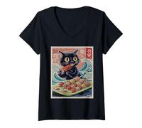 Femme Brochette à Viande pour Chat Kebab, Viande grillée, Barbecue, Viande Japonaise T-Shirt avec Col en V
