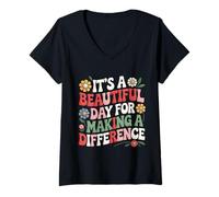 Femme Broderie, C'est Une Belle journée pour Faire Une différence T-Shirt avec Col en V