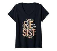 Femme Broderie vintage de protestation politique de fleur résister T-Shirt avec Col en V