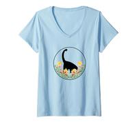 Femme Brontosaure - Dino Herbivore Mignon Fleur Florale T-Shirt avec Col en V