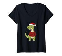 Femme Brontosaure Dinosaure de Noël Mignon | Vacances de Noël T-Shirt avec Col en V