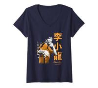 Femme Bruce Lee Iconic Fight Pose Yellow Text Retro Martial Arts T-Shirt avec Col en V, Bleu Marine, S