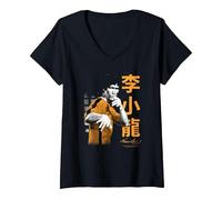 Femme Bruce Lee Iconic Fight Pose Yellow Text Retro Martial Arts T-Shirt avec Col en V, Noir, M