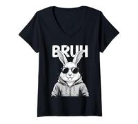Femme Bruh Bunny Face with Sunglasses Easter Day for Boys Men Kids T-Shirt avec Col en V