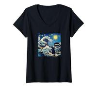 Femme Bruh Cat Wave Mashup Mashup Art Japon Nuit étoilée T-Shirt avec Col en V