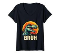 Femme Bruh Cool Dinosaure avec Lunettes de Soleil Scène de Coucher de Soleil T-Shirt avec Col en V
