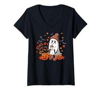 Femme Bruh I Mean Boo Ghost Citrouille Chauve-Souris Trick and Treat Halloween T-Shirt avec Col en V