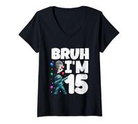 Femme Bruh I'm 15 Dabbing Astronaute Galaxy 15 Year Old Birthday T-Shirt avec Col en V