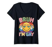 Femme Bruh I'm Gay Rainbow LGBTQ Ally Pride Month Happy Smile Face T-Shirt avec Col en V