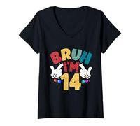 Femme Bruh, J'Ai 14 Ans, Cadeaux pour garçons et Filles, C'est Mon 14e Anniversaire T-Shirt avec Col en V