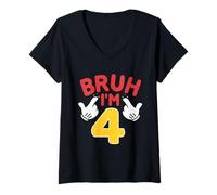 Femme Bruh, J'Ai 4 Ans, Cadeaux pour garçons et Filles, C'est Mon 4e Anniversaire T-Shirt avec Col en V