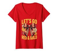 Femme Bruh Let's GO Red & Gold Field Day Competition Spirit Week T-Shirt avec Col en V