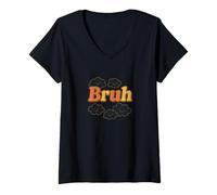 Femme Bruh Retro Bubble Typographie avec Mème Nuages Sourire Mignon T-Shirt avec Col en V
