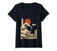 Femme Bruh The Great Wave Kanagawa Chat Japonais Surfeur Homme Femme T-Shirt avec Col en V