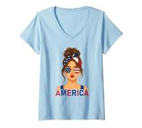 Femme Brunette American Girl America Flag American Girlfriend Wife T-Shirt avec Col en V