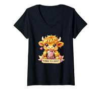 Femme Bubble Tea Addict Highland Cow | Thé Rose Kawaii Boba T-Shirt avec Col en V