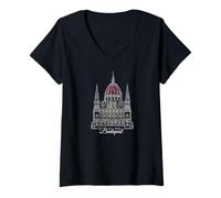 Femme Budapest, Parlement dessiné à la Main, Hongrie T-Shirt avec Col en V