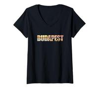 Femme Budapest Text with Hungary Danube River & Parliament Graphic T-Shirt avec Col en V