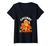 Femme Buddha potelé mais heureux, gros corps en surpoids T-Shirt avec Col en V