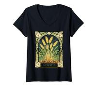 Femme Buds of Nowruz Design botanique élégant Art Nouveau T-Shirt avec Col en V