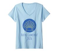 Femme Buen Camino 2026 Coquille Saint Jacques Chemin de Compostell T-Shirt avec Col en V