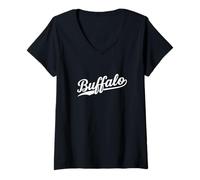 Femme Buffalo New York Cool Retro Script Années 70 Texte Blanc Vintage T-Shirt avec Col en V