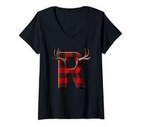 Femme Buffalo Plaid Bois de cerf Lettre R T-Shirt avec Col en V