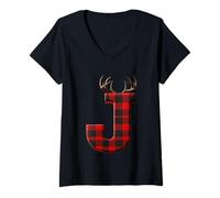 Femme Buffalo Plaid Lettre J avec Bois de cerf T-Shirt avec Col en V