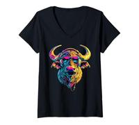 Femme Buffle d'Afrique Buffle Noir des Savanes Afrique Buffles T-Shirt avec Col en V