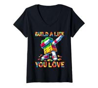 Femme Build A Life You Love Funny Bricks Master Builder Dabbing T-Shirt avec Col en V