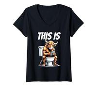 Femme Bull est assis sur une toilette et joue avec un smartphone T-Shirt avec Col en V