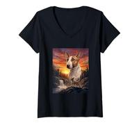 Femme Bull Terrier Amoureux des Chiens Vintage Coucher de Soleil Forêt Nature Art T-Shirt avec Col en V