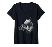 Femme Bull Terrier anglais jouant de la trompette Jazz Musique Amoureux des chiens T-Shirt avec Col en V